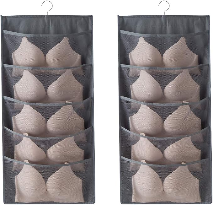 Bseash Enlarged Closet Hanging Bra Organizer with Rotating Metal Hanger, Dual Sided Wall Shelf Wardrobe Mesh Pockets Hanging Storage Bag for Bra Socks Underwear Underpants