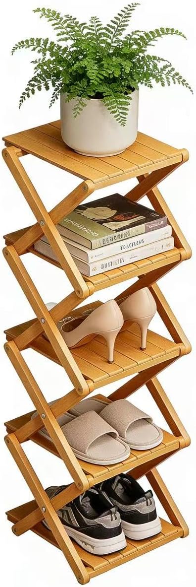 Bamboo Shoe Rack - No Assembly Required, Tall Narrow Foldable Shoe Organizer, Space-Saving Multifunctional Shelf for Entryways, Corners, Bedrooms, Balconies, 5 Layer(Reinforced and Thickened)