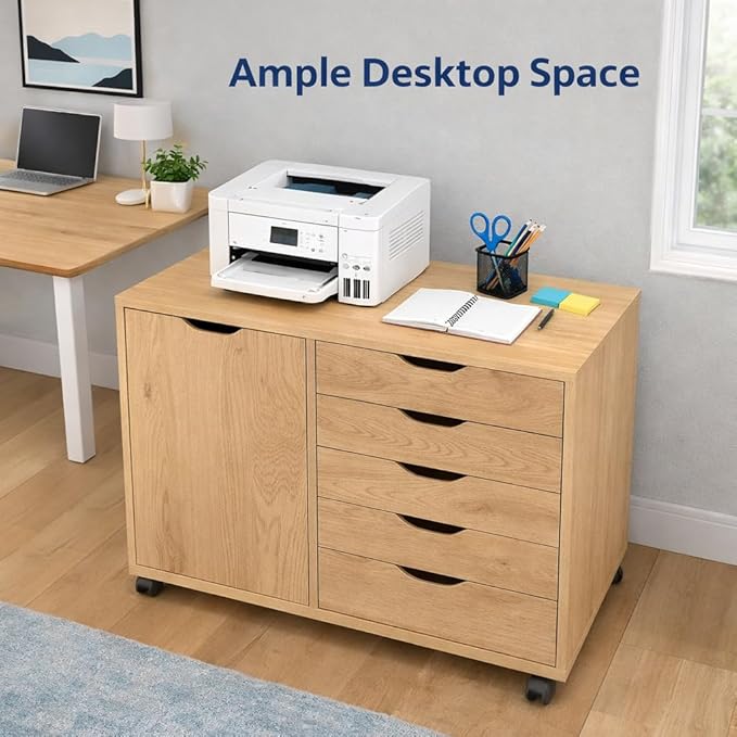 Naomi Home Wooden 5 Drawer Office File Cabinet with Shelves and Wheels, Mobile Storage Cabinet with Drawers for Home Office, Ideal for Under Desk or Printer Stand Use in Natural