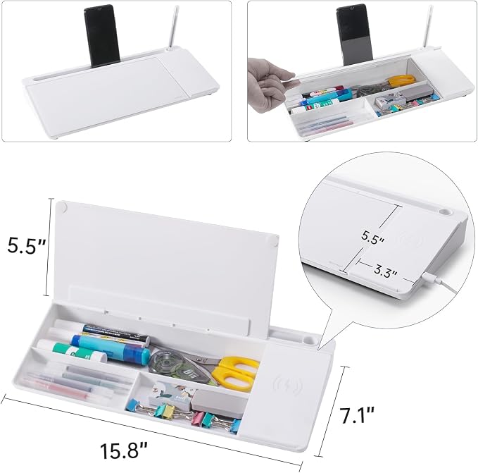 Small Glass Desktop Whiteboard Dry-Erase-Board - Computer Keyboard Stand with Wireless Charger White Board Surface Pad with Drawer, Desk Organizers with Accessories for Office, Home, School Supplies