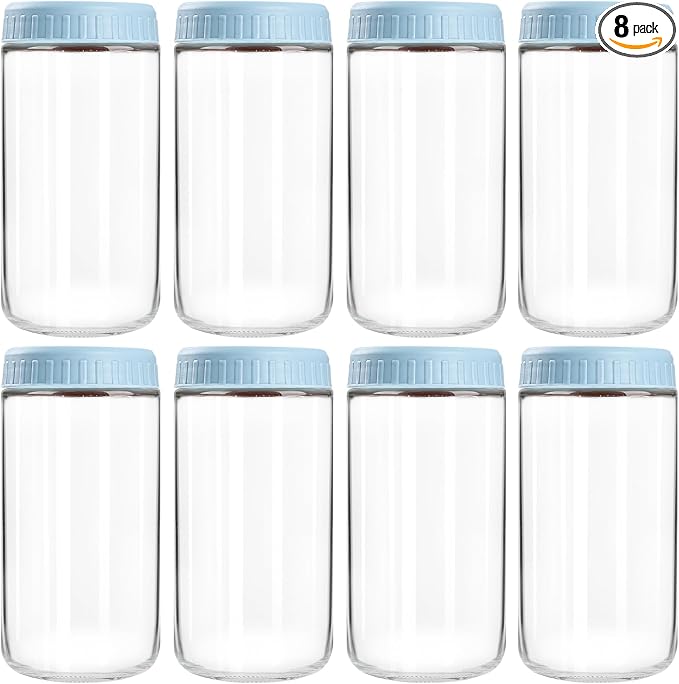 SHOWIN Overnight Oats Containers with Lids, 24oz Glass Jars with Lids 8 pcs, Light Blue, Wide Mouth Mason jars for Salad, Yogurt, Snacks, Meal Prep