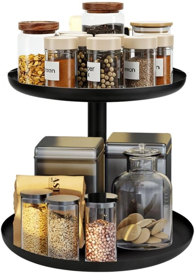 IBERG 2 Tier Lazy Susan Organizer, Rotating Spice Rack (Black)