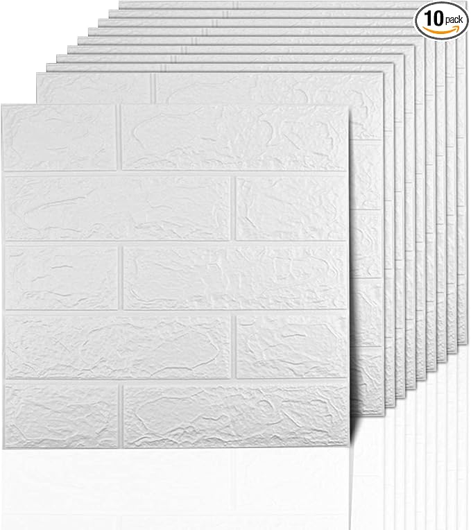 3D Wall Panels Peel and Stick, 14.5 Sq Ft Coverage,Printable Faux Brick Wallpaper Sticker with Self-Adhesive Waterproof Foam for Interior Wall Decor, Bathroom, Home Decoration (10 Pcs) (White)