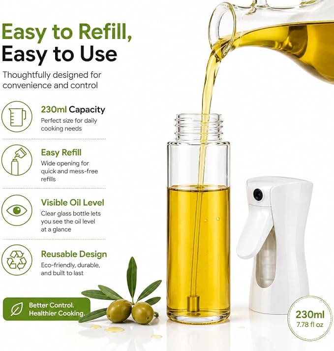 Oil Sprayer for Cooking 230ml Glass Olive Oil Spray Bottle, Refillable Oil Sprayer for Air Fryer, Salad, Baking & BBQ, Kitchen Gadget (Black Lid)