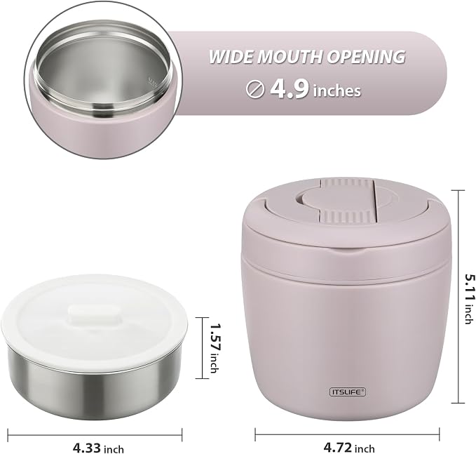Itslife 32oz Insulated Soup Thermo, Vacuum Stainless Steel Food Jar for Hot & Cold Food, Leakproof Wide Mouth Lunch Container with Spoon, Light Purple