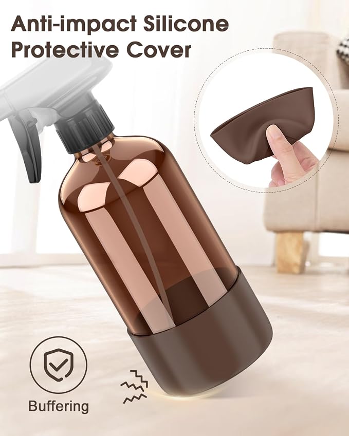 Bontip Glass Spray Bottle with Silicone Sleeve Protection, Amber Glass Spray Bottle Set for Window Cleaner Aromatherapy Facial Hydration Watering Flowers Hair Care 2 Pack/16 oz (Brown, 16 oz)