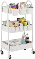 danpinera 3-Tier Rolling Cart, Utility Cart Mobile Metal Rolling Storage Cart with Lockable Wheels & Hanging Cups & Hooks for Kitchen, Bathroom, Office, Workshop, White