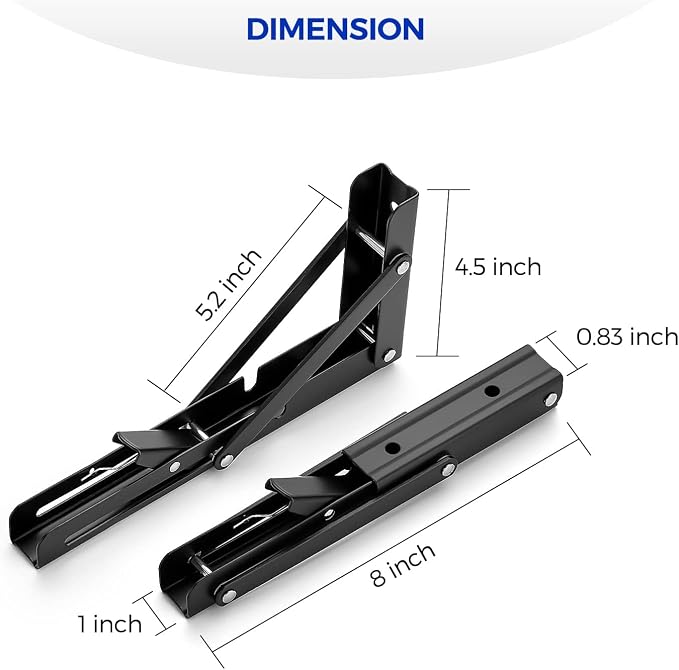 Ravinte Matte Black Folding Shelf Brackets, 8 Inch, 4 Pack | Collapsible Bracket Design, Table And Bench Support, Space-Saving Shelf Setup, For Worktops, Laundry Rooms, Garage Projects