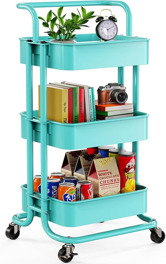 Pipishell 3 Tier Rolling Cart, Metal Utility Cart with Wheels and Handle, Rolling Storage Cart for Nursery Room, Living Room, Painting Room, Office and Kitchen, Turquoise