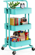 Pipishell 3 Tier Rolling Cart, Metal Utility Cart with Wheels and Handle, Rolling Storage Cart for Nursery Room, Living Room, Painting Room, Office and Kitchen, Turquoise