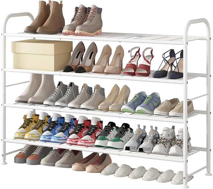 LINZINAR 4 Tier Long Shoe Rack for Closet Metal Shoe Organizer for Entryway | Spacious design stores 25+ pairs of shoes,durable metal frame,space-saving organizer for closet, hallway, and Entryway White