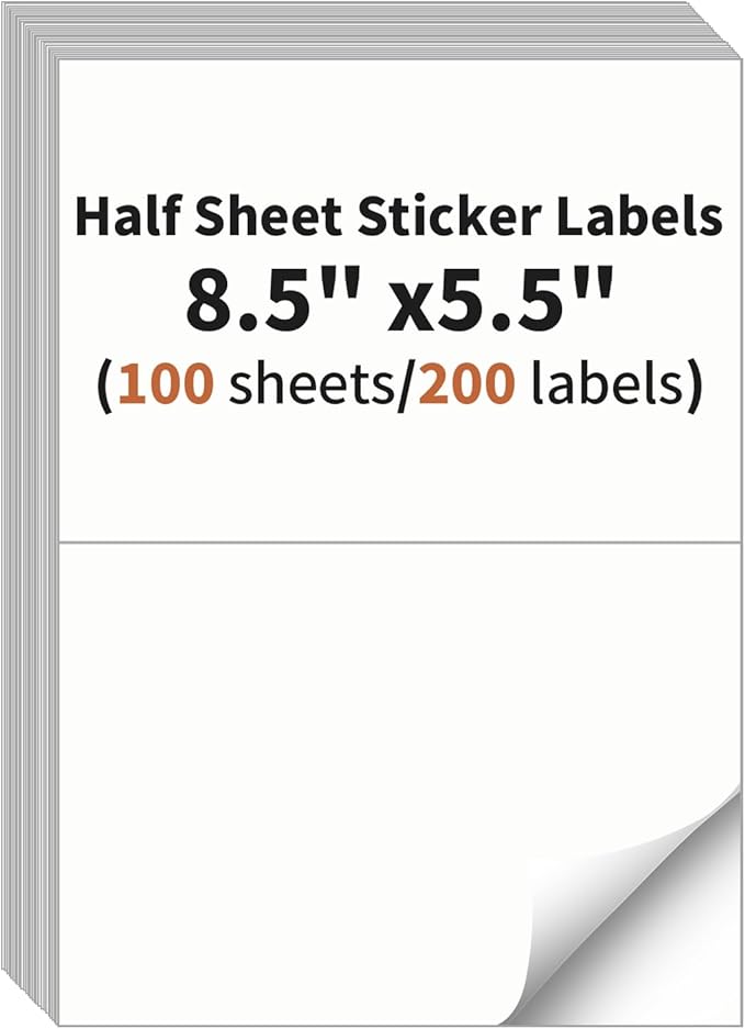 Half Sheet Labels, 2 per Sheet, 100 Sheets, 200 Labels, 8.5" x 5.5" Shipping Labels Paper, Address Sticker Laser & Inkjet Printer Label Stickers, 5 1/2" x 8 1/2" Half Sheet Labels