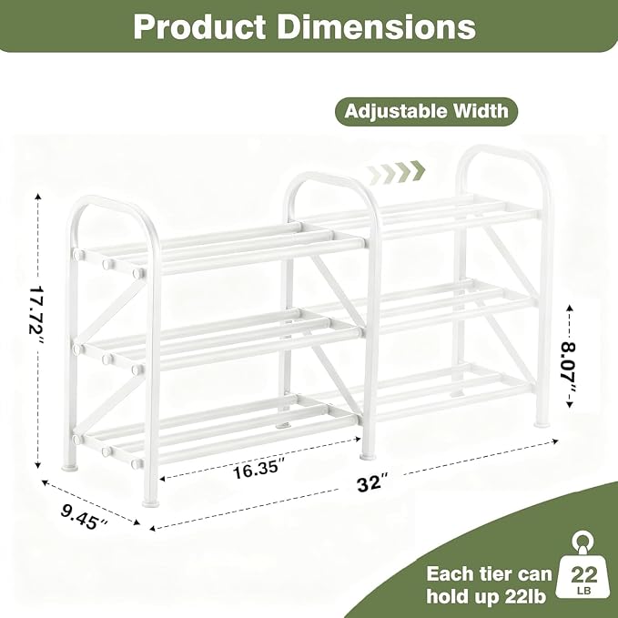 3-Tier Shoe Rack for Closet, 16"-32" Expandable Shoe Rack Adjustable for Entryway Closet Doorway Sturdy Metal, White