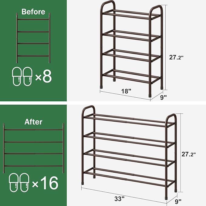kiplant Metal Shoe Rack, Expandable Metal Shoe Rack for Closet, Entryway & Hallway (Brown, 4-Tier_Long)