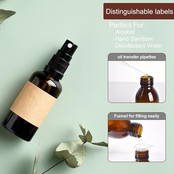 LANBEAUTIFY 4 oz Amber Glass Spray Bottles - Small Empty Fine Mist Spray Bottle for Essential Oil,Face - Mini Dark Spray Bottles with,Included 6 Sprinkler, 1Funnels,1 Droppers, 4 Labels