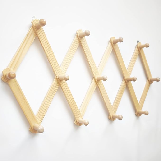 AMAPON Accordion Style Expandable Wall Wooden Coat Rack 13 Hooks (Pegs) Hang Hats Jackets Coffee Mug Purses Necklaces Towels Cap Leash Scarves Data Line Kitchenware