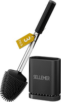 Sellemer Silicone Toilet Brush, Ventilation Slots Base Holder 3 Pack, Black | Flexible Bristles Flat Head for Rim, Hair Tangle-Free, Easy to Clean, Compact Design, Rustproof Handle, for Toilet/Sink/Tub