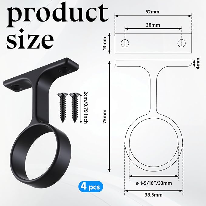 LEIFIDE 4 Pcs 1 5/16 Inch Diameter Round Wardrobe Closet Rod Suspended Center Support with Installation Screws Curtain Closet Rod Ceiling Mount Bracket for Home Wardrobe (Black)