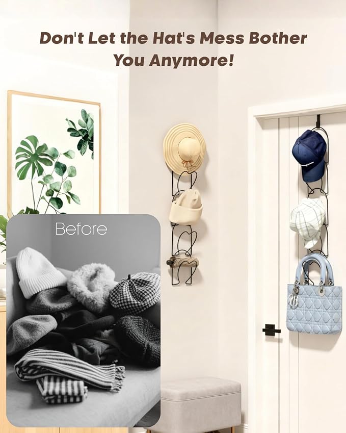 LINFIDITE 10 Pack Hat Rack for wall hat organizer for baseball caps Over Door cap hat hook storage holder hanger display Closet wig stand storage w Hanging Hook Black