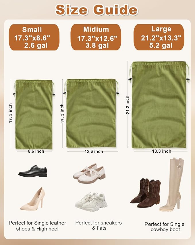 4 Pcs Shoe Bags for Travel, Dust Velvet Bags, Sage Green, 17.3x12.6 Inch | Washable & Reusable Travel Shoe Bags, Dustproof Shoe Bags with Drawstring Closure, Suitable for Travel, Home Storage