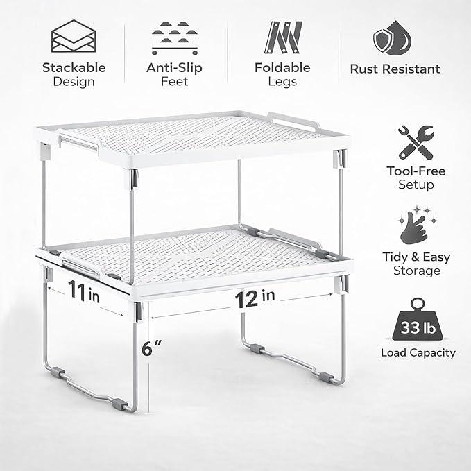 ums Kitchen Shelves Cabinet Organizer, Stackable Freezer Rack, Cupboard Box Organizer, Shelf Riser, Usable Storage Rack for Spice, Fridge Shelf Riser, (12x11 inch), Pack of 2