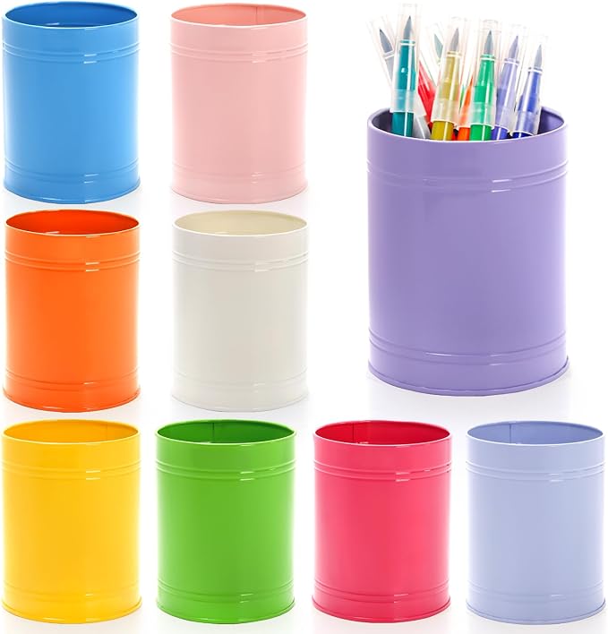Tlence 9 Pack Metal Pen Holders for Desk, Colorful Bulk Round Pencil Cup Caddy, Desktop Stationery Organizer and Accessories for Office Classroom, Makeup Brush Storage, 3.5 x 4.5 Inches
