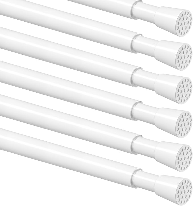 MEXAU 6 Pack White Spring Tension Curtain Rod for Window 23 to 37 Inch Thin Spring Tension Rods Small tension Rod Adjustable Expandable Spring Curtain Rods No Drill for Closet Cupboard Door Doorway