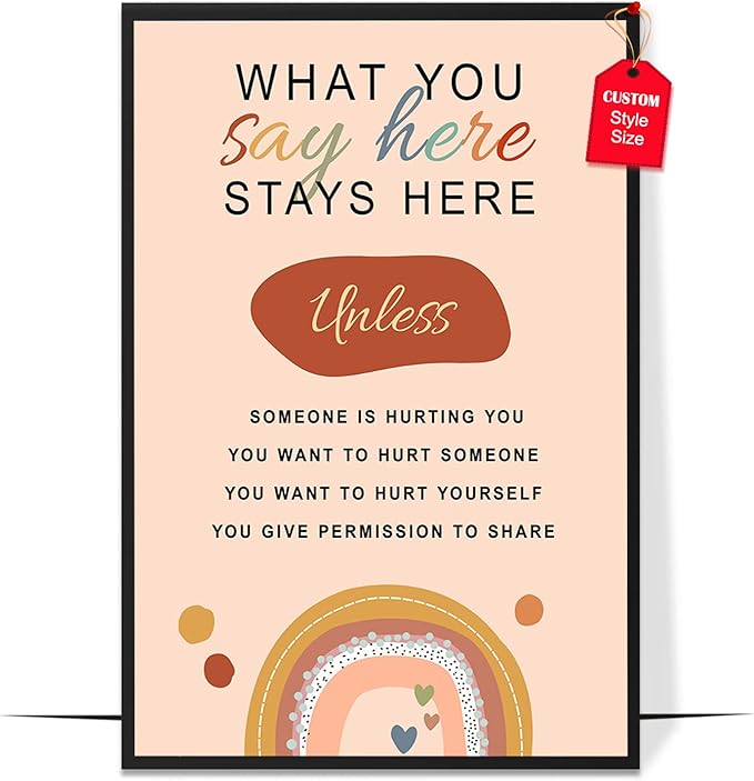LOLUIS Mental Health Poster, Boho Therapy Tools Educational Supplies Art Print Classroom School Office Decor (What You Say In Here Stays In Here, Custom Frame Type)