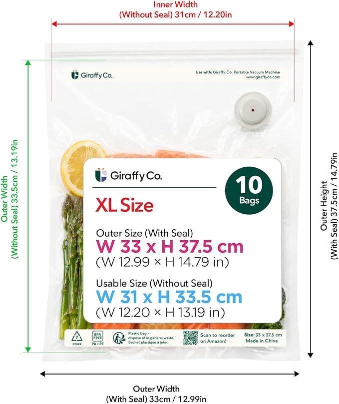 GIRAFFYCO 10 XL Reusable Vacuum Sealer Bags, 13 x 15 in, Food Storage Bags | BPA-Free Airtight Food Storage Bags with Detachable Valve for Handheld Vacuum Sealer, Freezer, Fridge & 1kg Filament Spool