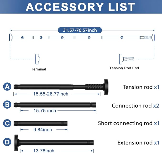 Tension Curtain Rod 32-76Inch Adjustable Shower Rod Black Tension Rod Spring Curtain Rods no Drilling for Bathroom,Windows,Closets,Doorway