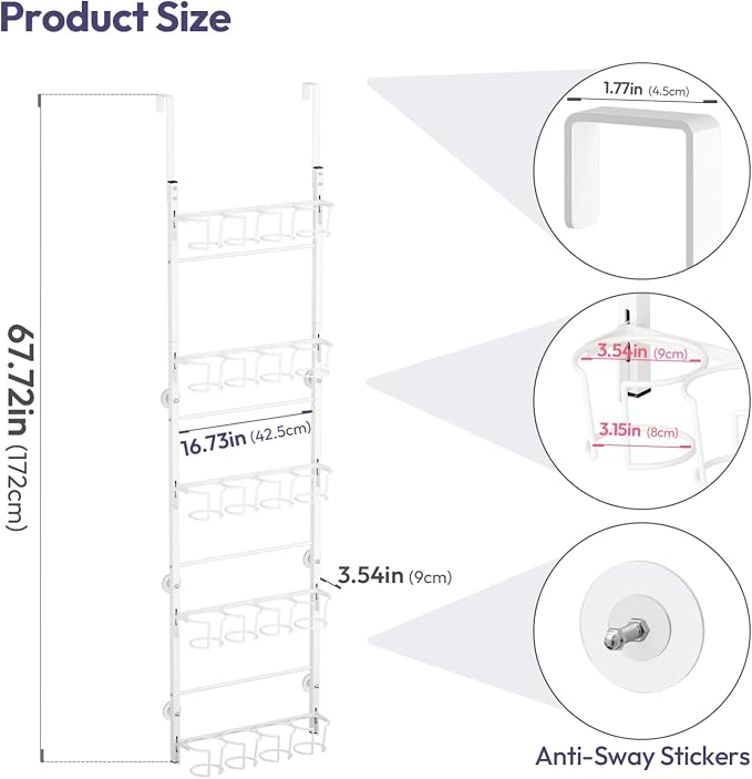 SWTYMIKI 5-Tier Water Bottle Organizer – Over the Door Stanley Cup Holder, Cup Organizer for Door or Wall Mount Option, Stanley Accessories for Pantry, Dorm, Office, RV Use, White