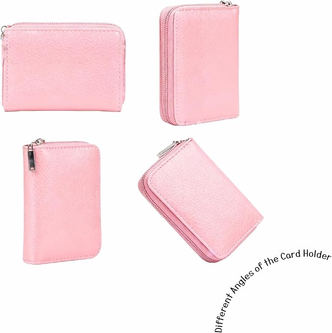 Genuine Leather Credit Card Holder, Wallet Case, Bank Card Case, RFID Blocking Secure Card Case, ID Case, Organizer Zipper Wallet 1 Pcs - Pink