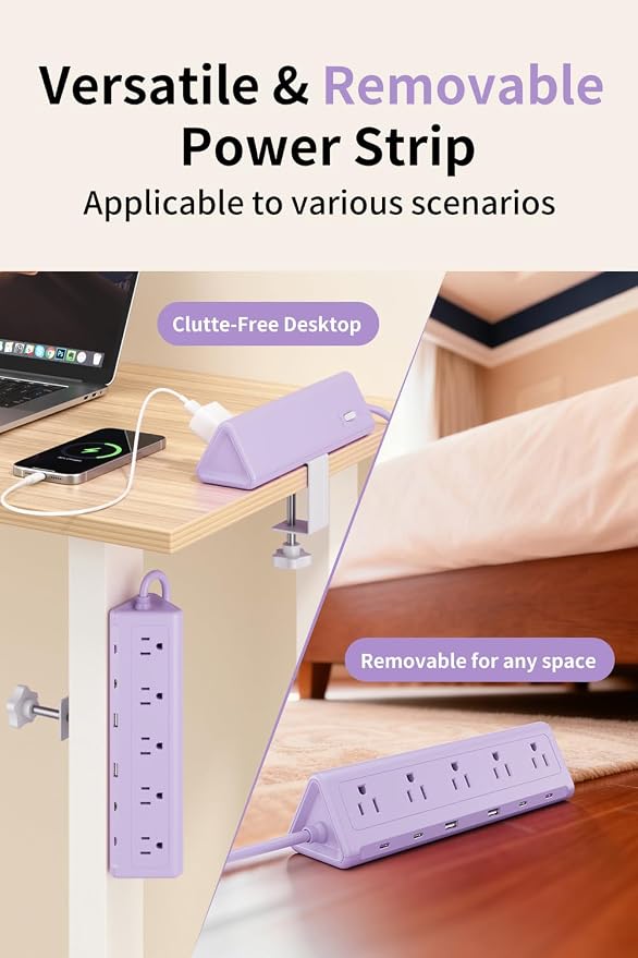 6.5 FT Desk Clamp Power Strip with 5 AC Outlets & 6 USB Ports PD 40W USB-C Fast Charging, Extension Cord with Multiple Outlets, Fits 2.1 in top Edge Purple