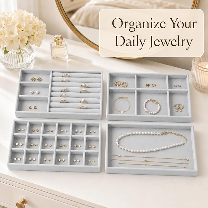 4 Pack Stackable Jewelry Organizer Tray Set - Velvet Display Case | for Rings Earrings Necklaces, for Drawer Organization, Can Stacked
