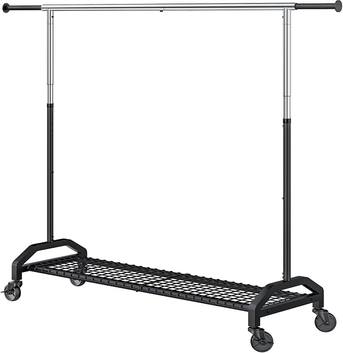 Wiracks Heavy Duty Clothes Rack for Hanging Clothes Extendable Rolling Clothing Rack for Hanging Clothes 350lbs Chrome 51 to 71" W x 16.53" D x 65" to 71" H 3" Industrial Wheels