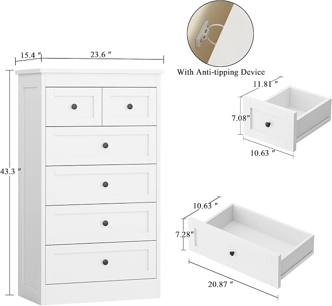 wanan Tall 6 Drawer Dresser for Bedroom, White Modern 43.3'' Tall Wood Chest of Drawers, Storage Organizer with Smooth Metal Rails & Anti-Tip Kit for Closet, Hallway, Living Room