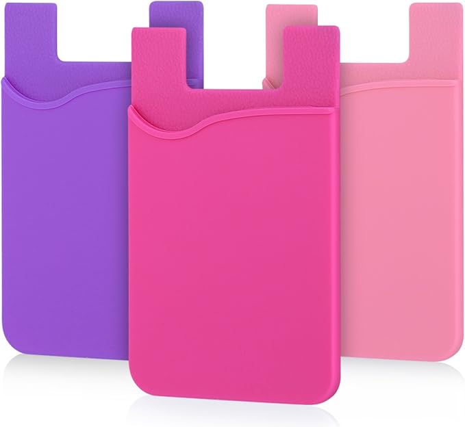 3Pack Cell Phone Card Holder Pocket for Back of Phone,Silicone Stick on Wallet Credit Card ID Case Sleeve Self Adhesive Sticker for iPhone 15 14 13 12 Pro Max,iPad,Samsung Galaxy-Pink,Purple,Rose