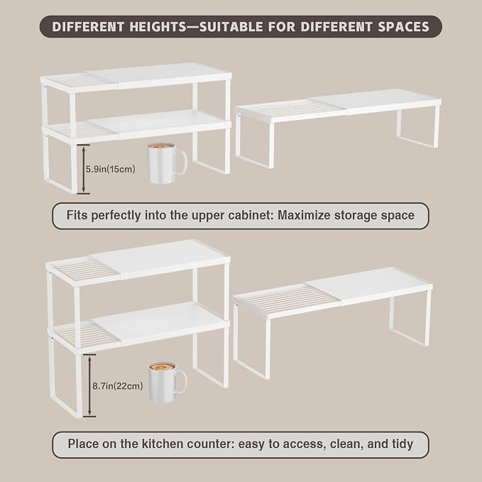 Magheo Expandable Cabinet Shelf Organizer, 2 Pack Stackable Kitchen Counter Shelf Riser, Metal Spice Rack Heavy Duty Countertop Organizer Storage for Kitchen, Pantry, Cupboard, Rv (5.9in Height,White)