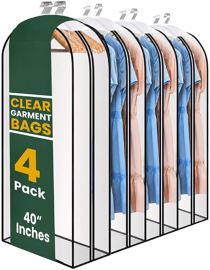Clear Garment Bags for Clothes Storage - 4-Pack Plastic Hanging Covers and Clothing Protectors, Long Dress Suit Jacket Closet Cover Dust Proof Garment Bag Set for Organized Wardrobe Storage (40")