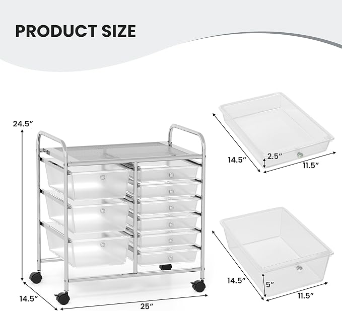 COSTWAY Rolling Storage Cart with 9 Drawer, Utility Cart with Metal Frame | Mobile Art Supply Craft Organizer, Multipurpose Storage Organizer for Paper, Office, School Teacher, Classroom, Transparent
