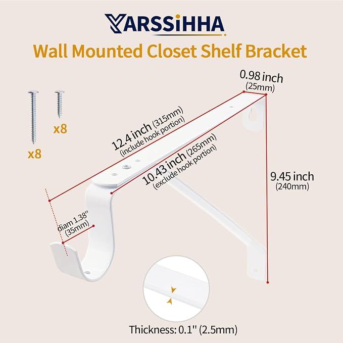 Yarssihha 4 Pack Adjustable Closet Rod Bracket, Wall Mounted Closet Shelf Bracket, White Closet Rod Support Bracket with Screws