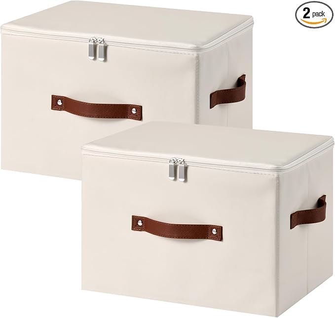 2PCS Storage Bins with Zippered Lid Decorative PU Leather Boxes | Foldable Washable Stackable Basket Container, Lidded Shelf Closet Organizer, with Handles & PP Plastic Boards, Beige-Large
