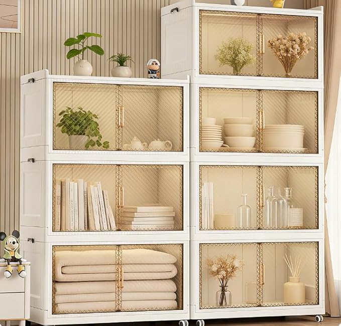 472QT Stackable Storage Bins with Lid,118Gal Closet Organizers and Plastic Cabinets Shelves, Collapsible Drawers, Foldable Boxes with Wheels for Home Office, 3Pack (Clear Door, 31inch)