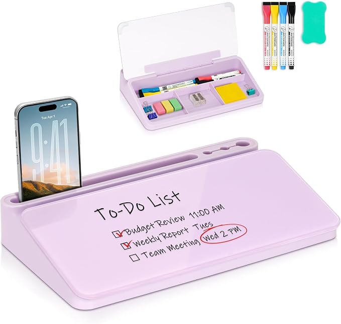 Small Desktop Glass Whiteboard with Storage, Desk White Board Stand Purple | Computer Keyboard Stand, Office Desk Organizers and Accessories with Drawer, To Do Memo Notepad, Home School Supplies