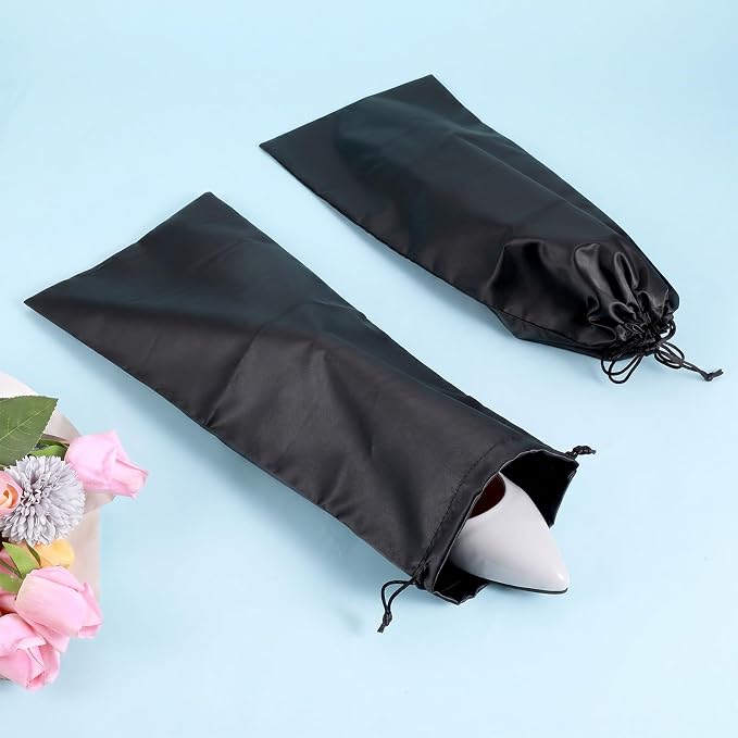 4 Pack Shoe Bags for Travel, Satin Fabric Shoe Bag with Drawstring for Men Women, Black Shoes Storage Bags for Travel Protecting Storing Shoes, Washable & Reusable, 17.7× 7.9 In (Black)
