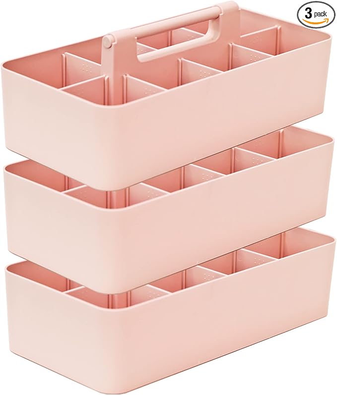 -Large Portable Caddy, DIY Dividers, 8 Compartments, School Office Supplies Home Organizer Basket with Handle Storage Organizer Made in USA (3 PACK, Indie Pink)