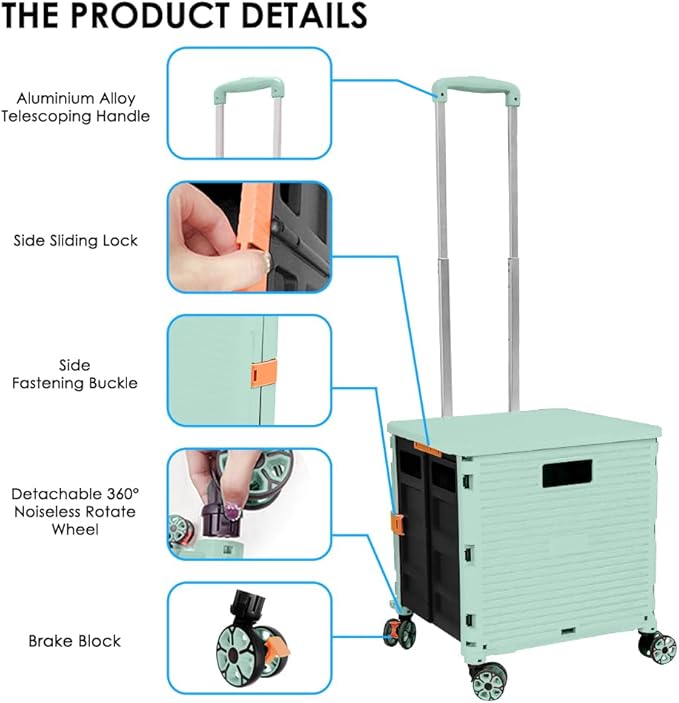 SELORSS Foldable Utility Cart Portable Collapsible Crate Rolling Carts with Wheels Rolling Tote Basket Teacher Cart with Lid Wear-Resistant 360°Rotate Wheel Noiseless for Shopping Storage Office Use
