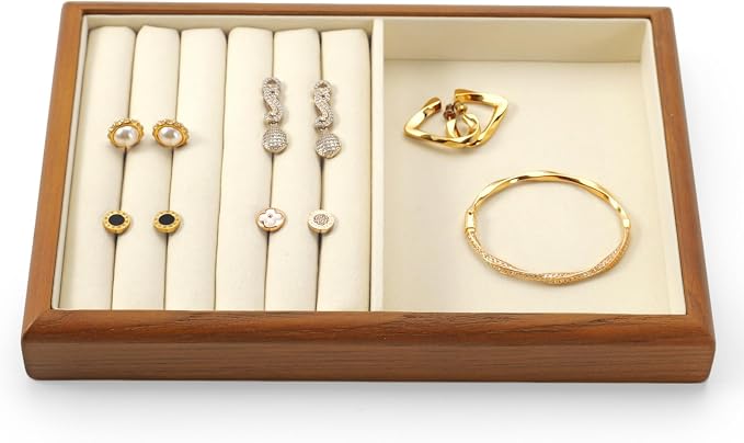 Oirlv Solid Wood Multifunctional Ring Earrings Studs Bangle Jewelry Organizer Tray Jewelry Drawer Organizer(Creamy White)