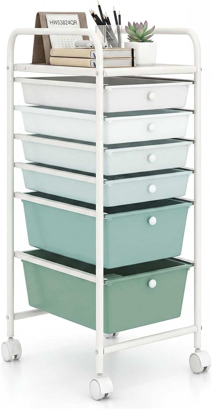 GOFLAME 6-Drawer Rolling Storage Cart, Multifunctional Art Craft Organizer Cart, Mobile Utility Storage Cart with Removable Drawers & Lockable Wheels, Craft Cart for Home Office, Green Gradient