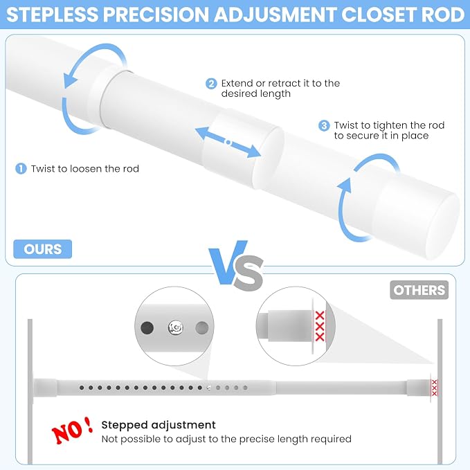 Closet Rods for Hanging Clothes, 17 to 28 Inch Heavy Duty Stepless Adjustable Closet Hanging Rod, 1.3 Inch Diameter Metal Closet Rod for Wardrobes Laundry Bedroom RV, White